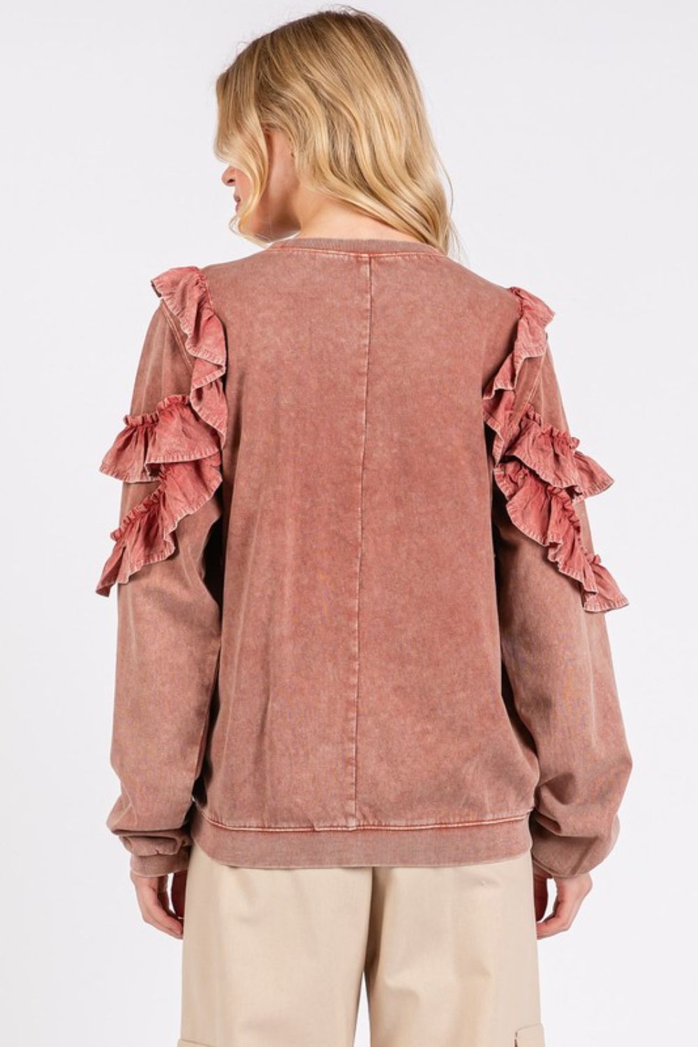 Mittoshop Ruffled Mineral Washed Round Neck Long Sleeve Sweatshirt - Whispering Desires Shoppe
