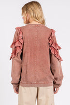 Mittoshop Ruffled Mineral Washed Round Neck Long Sleeve Sweatshirt - Whispering Desires Shoppe