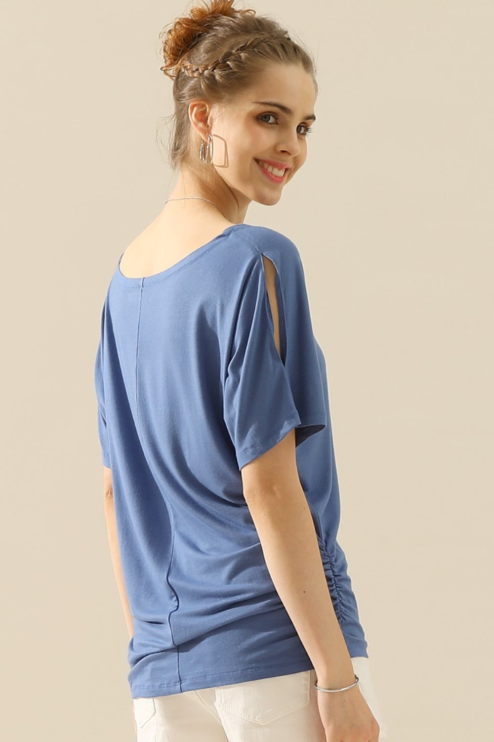 Ninexis Boat Neck Short Sleeve Ruched Side Top - Whispering Desires Shoppe