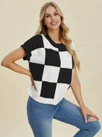 Double Take Checkered Round-Neck Short-Sleeve Sweater - Whispering Desires Shoppe