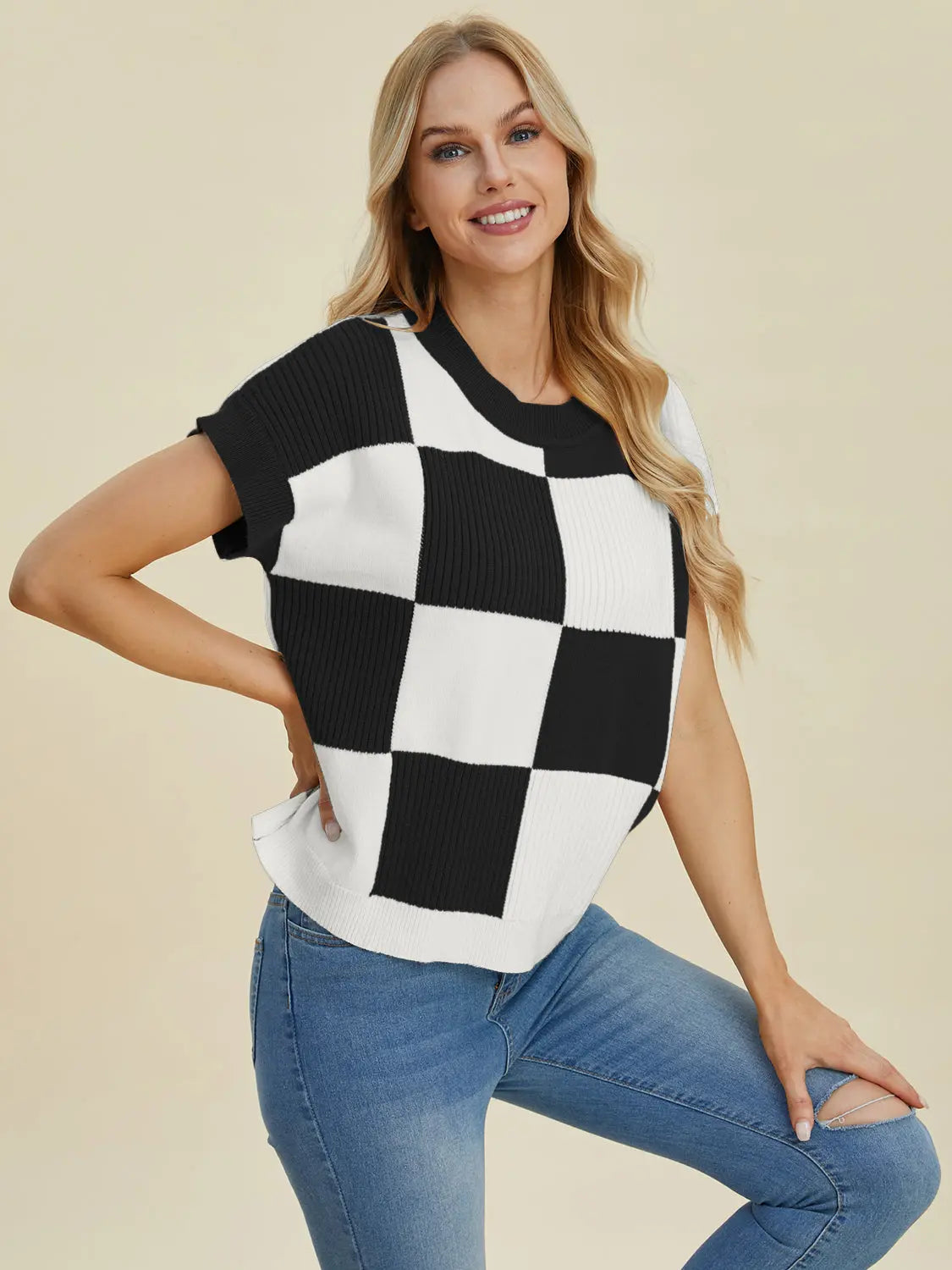 Double Take Checkered Round-Neck Short-Sleeve Sweater - Whispering Desires Shoppe