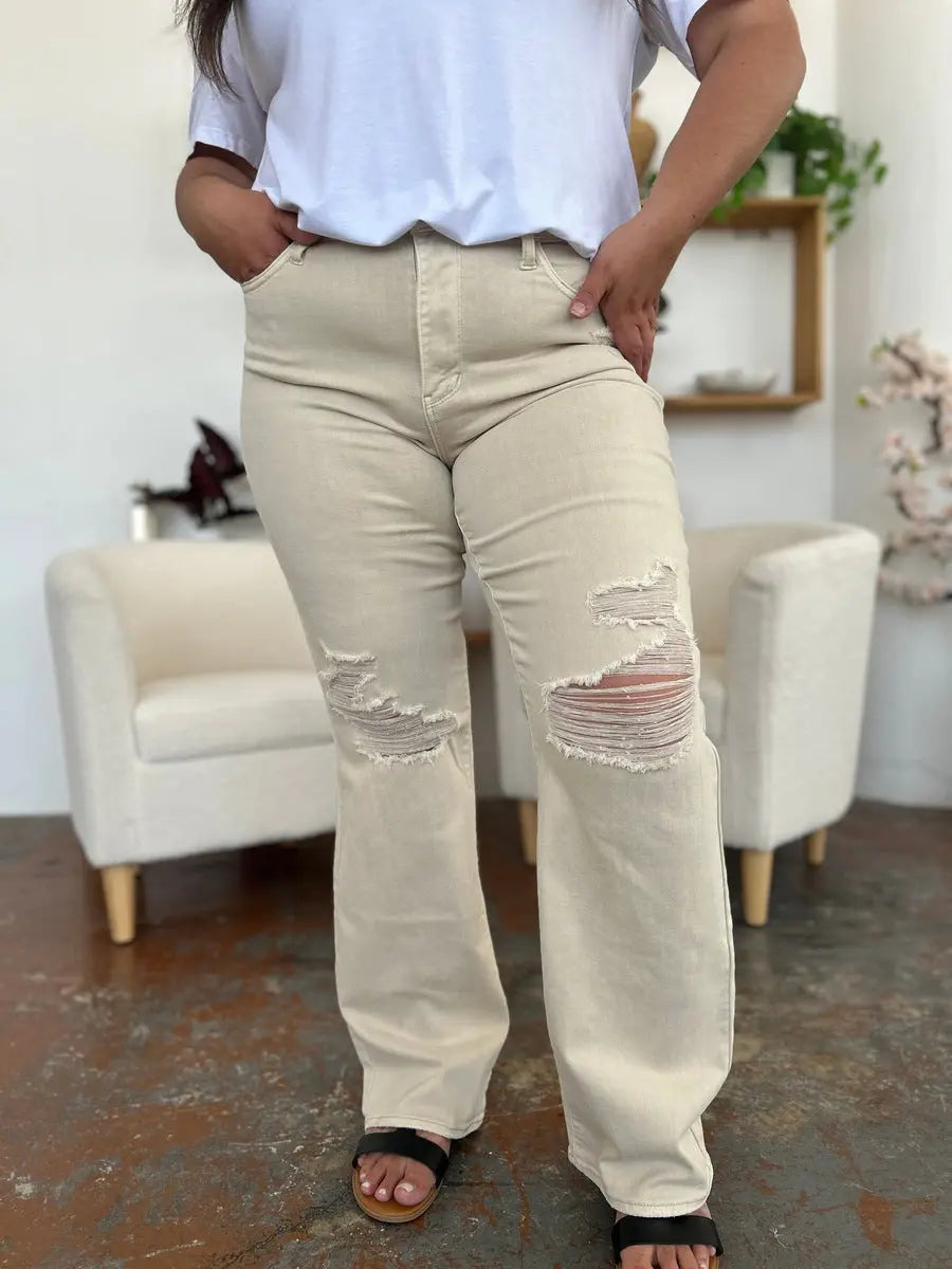 Judy Blue High-Waist Distressed Wide-Leg Jeans - Whispering Desires Shoppe