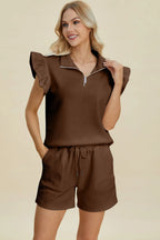 Double Take Flounce Sleeve Top & Drawstring Shorts - Whispering Desires Shoppe