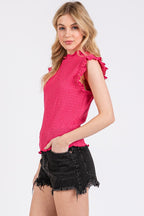 Ces Femme Texture Mock Neck Ruffle Cap Sleeve Blouse - Whispering Desires Shoppe