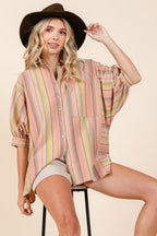 Mittoshop Striped Bubble Sleeve Button Down Shirt - Whispering Desires Shoppe