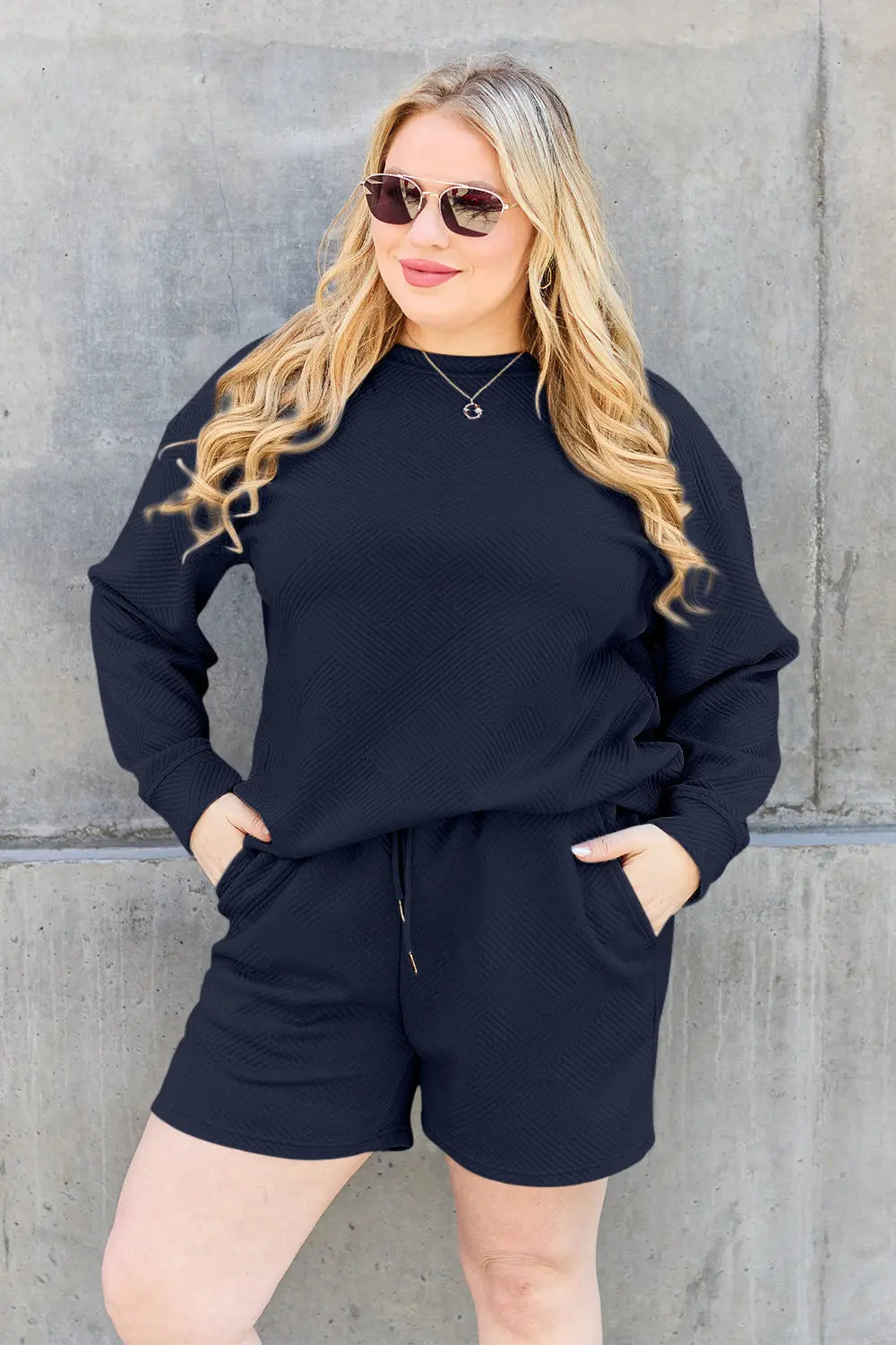 Double Take Textured Long Sleeve Top & Shorts Set - Whispering Desires Shoppe