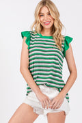 Ces Femme Striped Round Neck Ruffled Cap Sleeve Top - Whispering Desires Shoppe