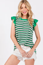 Ces Femme Striped Round Neck Ruffled Cap Sleeve Top - Whispering Desires Shoppe