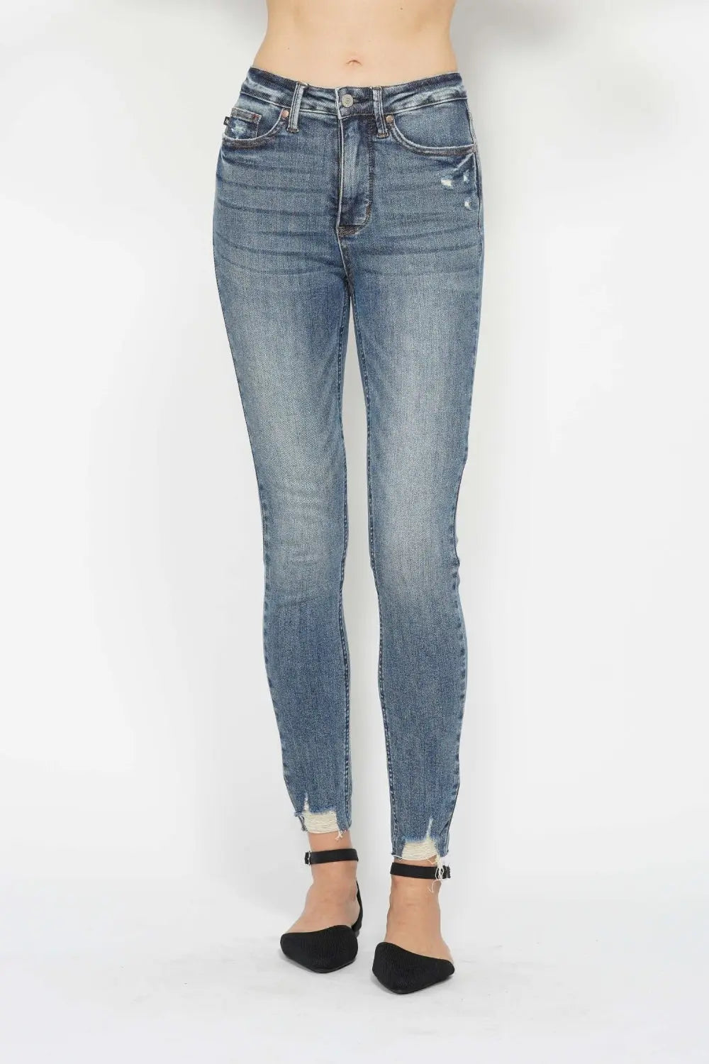 Judy Blue Tummy Control Vintage Wash Distressed Hem Jeans - Whispering Desires Shoppe