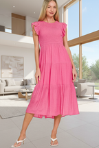 Zenana Woven Smocked Ruffle Sleeve Midi Dress | Tiered A-Line Style Trendsi