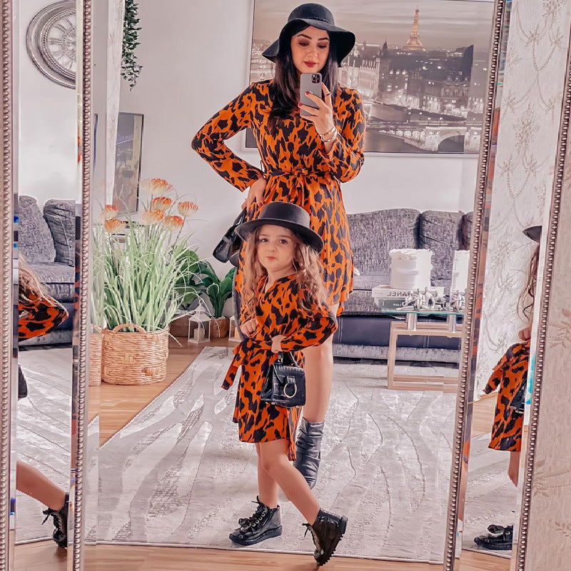 Children's Clothing Parent-Child Clothing Ins Style Children's Clothing Girl's Lace Up Pop Leopard Print Dress Women's Clothing eprolo