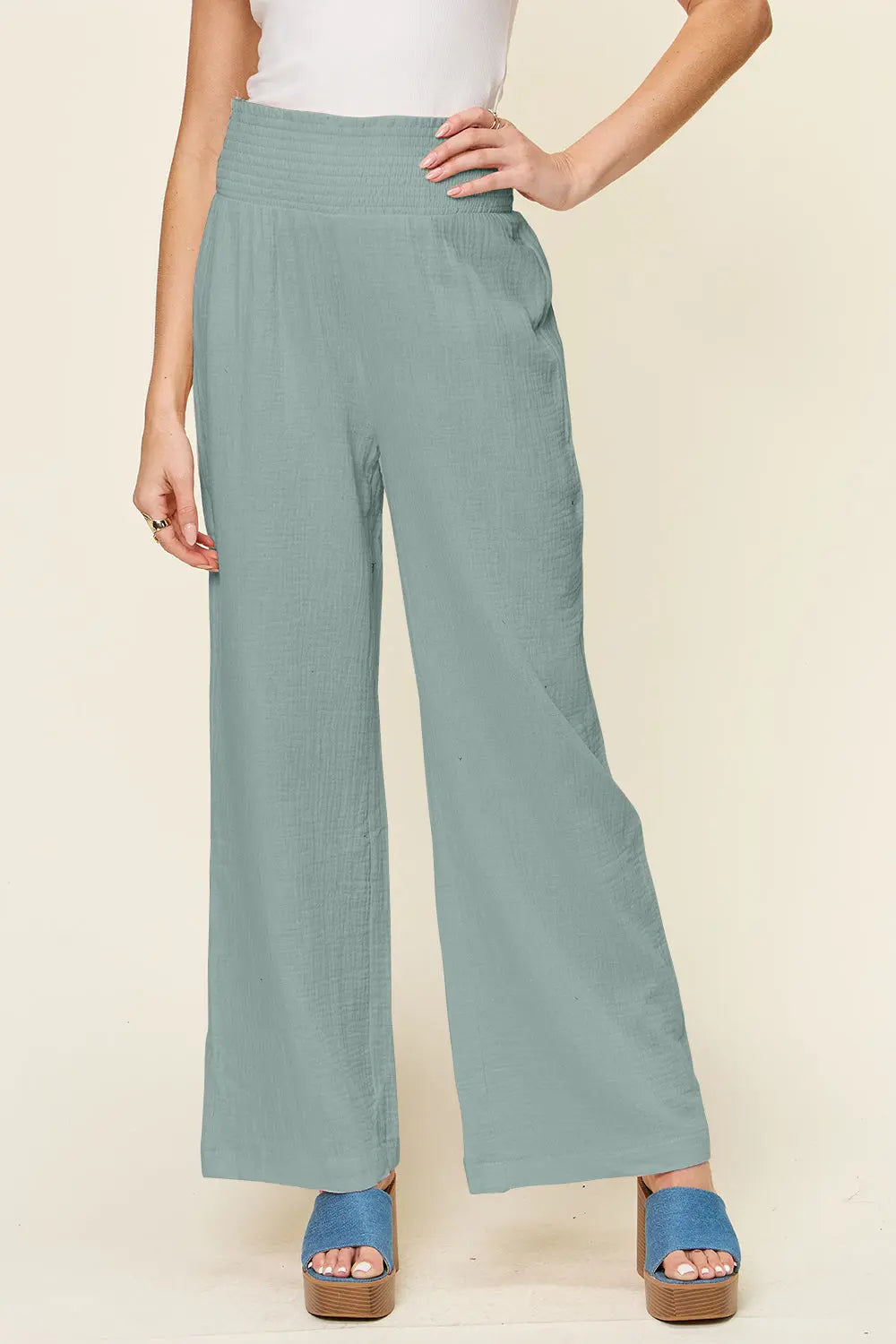 Double Take Smocked-Waist Wide-Leg Cotton Pants - Whispering Desires Shoppe