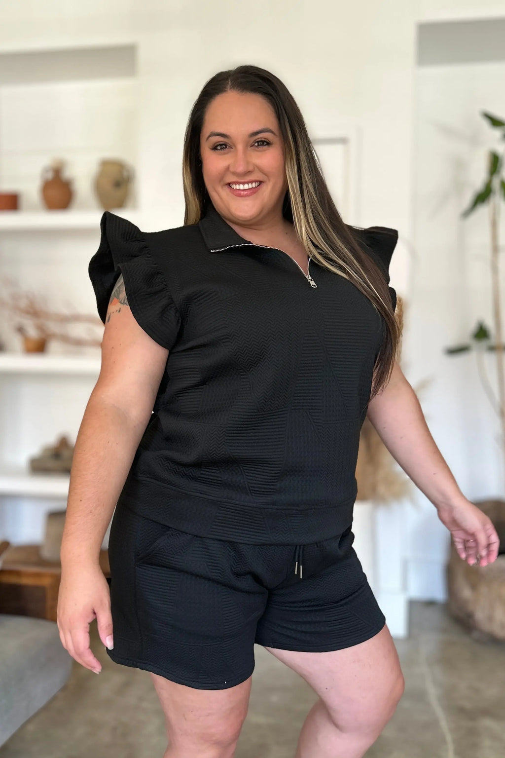 Double Take Flounce Sleeve Top & Drawstring Shorts - Whispering Desires Shoppe