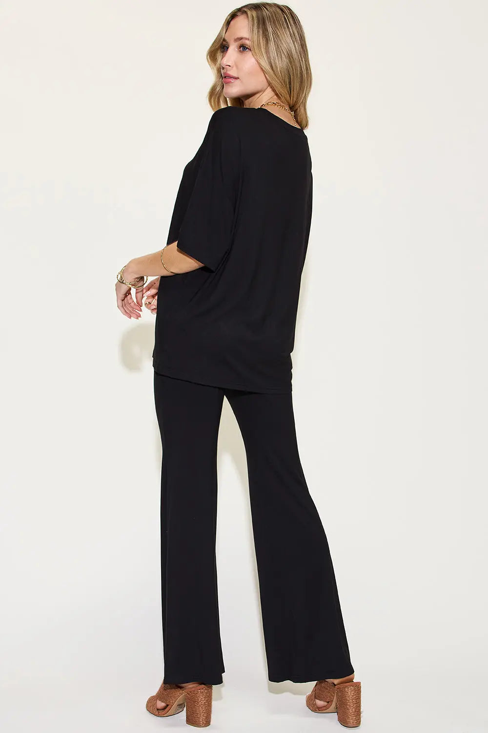 Basic Bae Full Size Bamboo Drop Shoulder T-Shirt and Flare Pants Set - Whispering Desires Shoppe