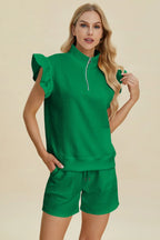 Double Take Flounce Sleeve Top & Drawstring Shorts - Whispering Desires Shoppe