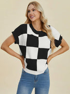 Double Take Checkered Round-Neck Short-Sleeve Sweater - Whispering Desires Shoppe