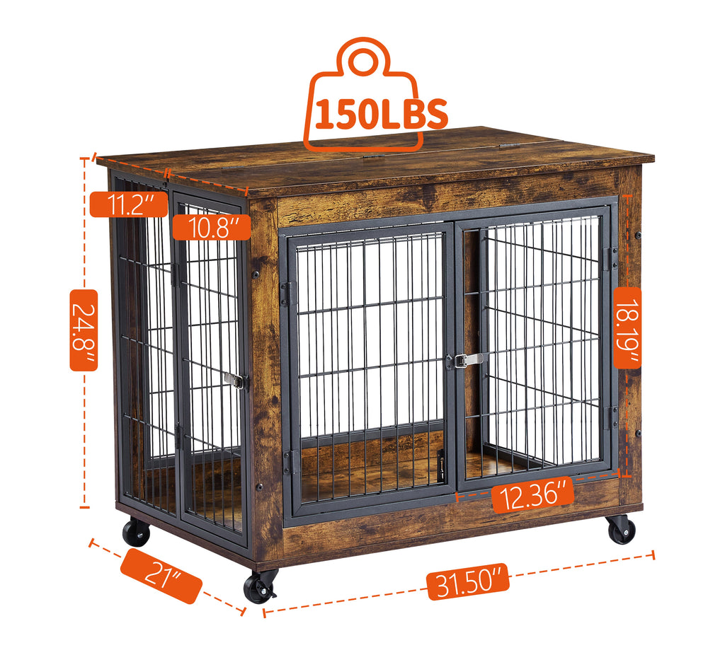 Furniture Style Dog Crate Side Table on Wheels with Double Doors and Lift Top. Rustic Brown, 31.50'' W x 22.05'' D x 25'' H. eprolo