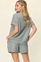 Double Take Textured Tee & Drawstring Shorts Set - Whispering Desires Shoppe