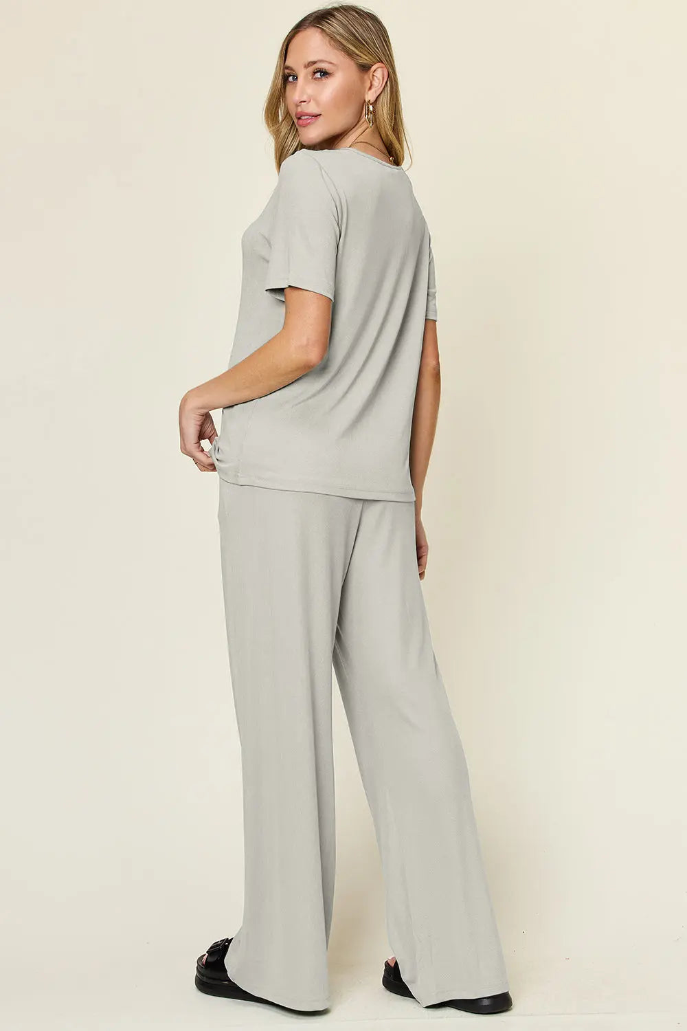 Double Take Short-Sleeve & Wide-Leg Two-Piece Set - Whispering Desires Shoppe
