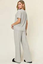 Double Take Short-Sleeve & Wide-Leg Two-Piece Set - Whispering Desires Shoppe