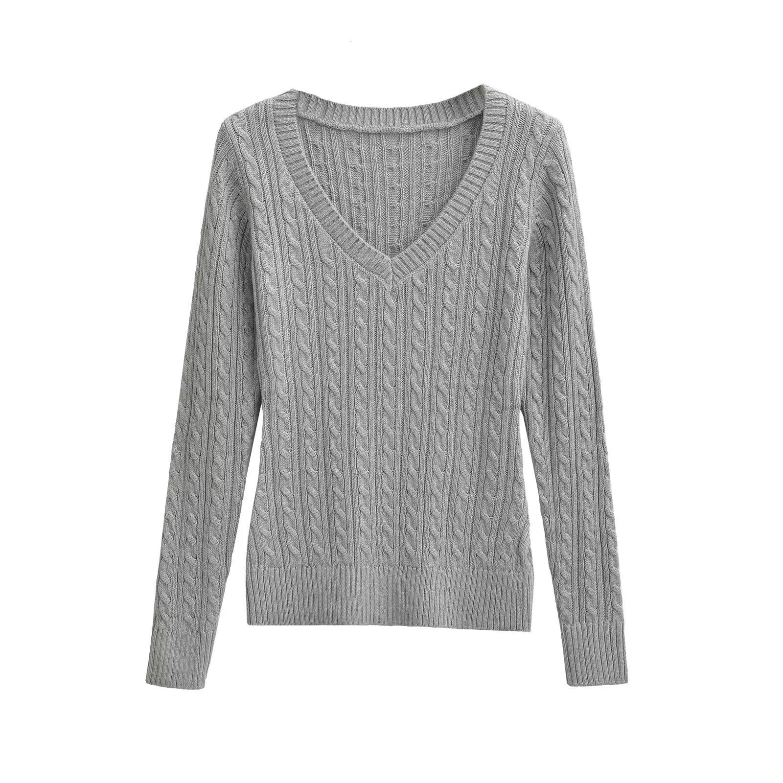 Slim fit V-neck striped Fried Dough Twists long sleeve sweater