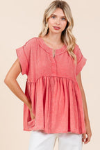 Mittoshop Mixed Media Mineral Wash Babydoll Short Sleeve Blouse - Whispering Desires Shoppe
