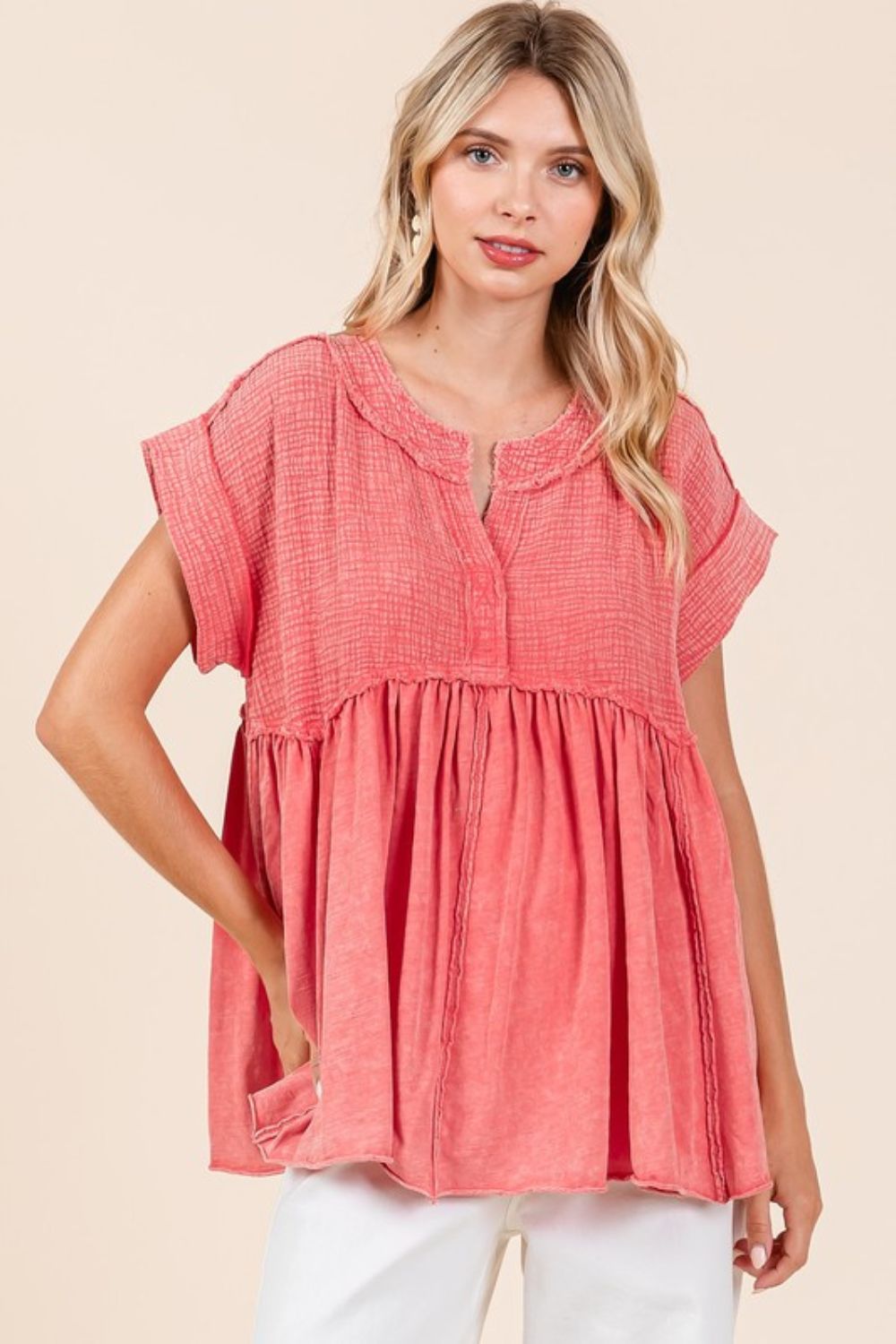 Mittoshop Mixed Media Mineral Wash Babydoll Short Sleeve Blouse - Whispering Desires Shoppe
