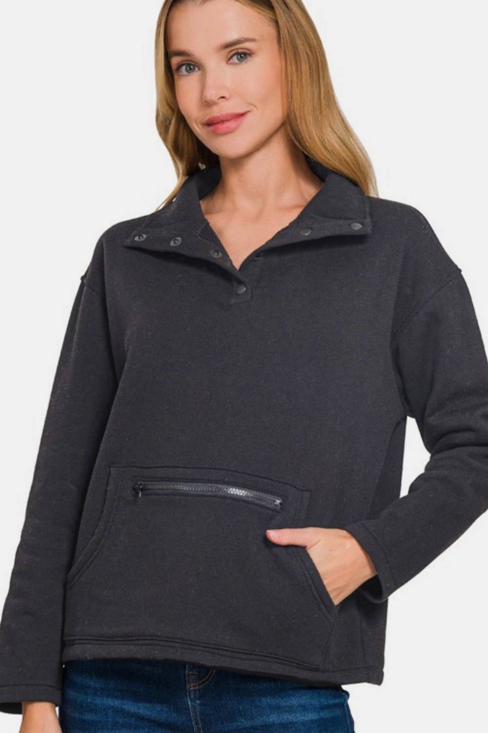 Zenana Turtleneck Half Snap Fleece Sweatshirt - Whispering Desires Shoppe