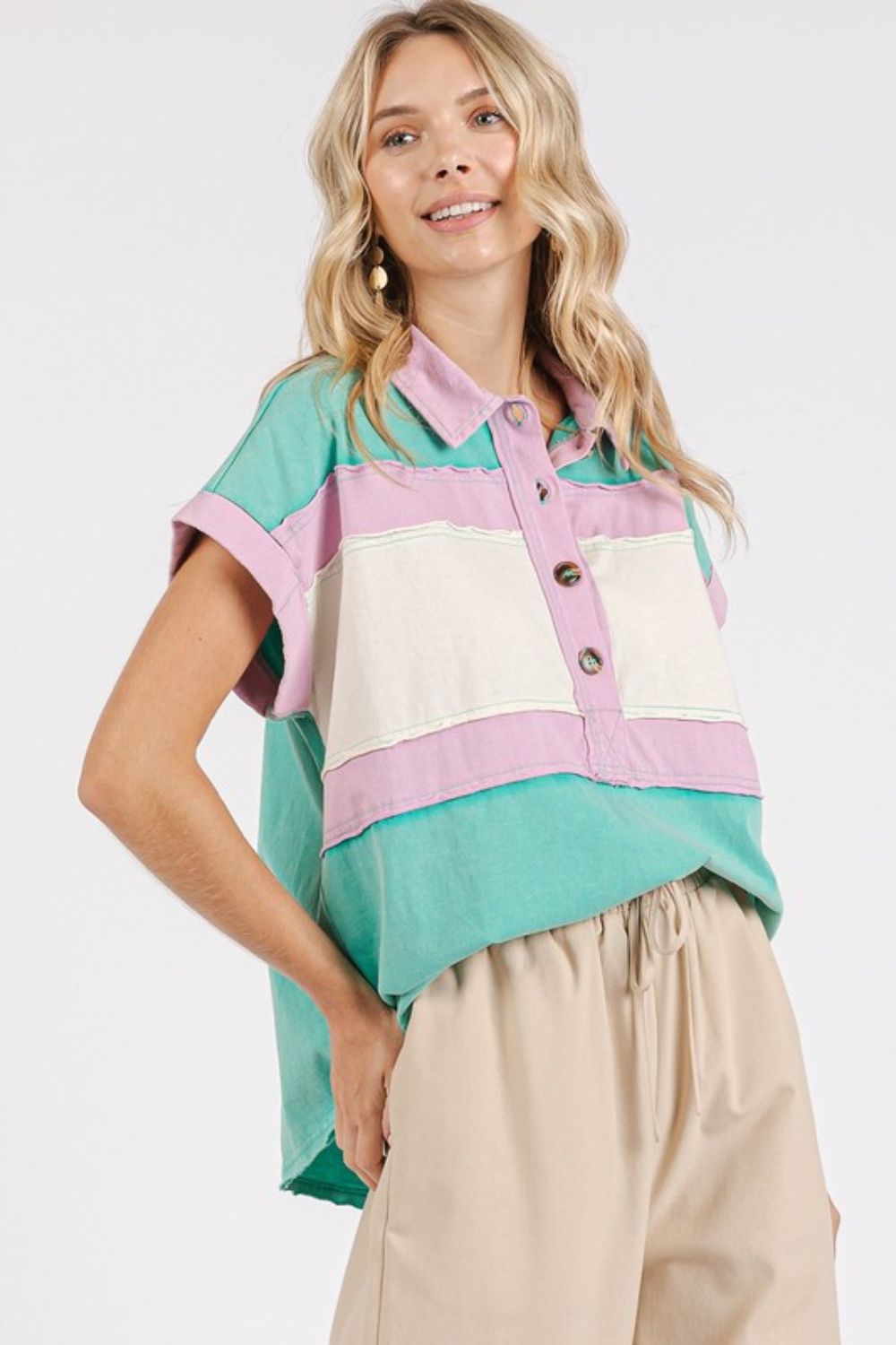 Mittoshop Color Block Henley Short Sleeve Polo Shirt - Whispering Desires Shoppe