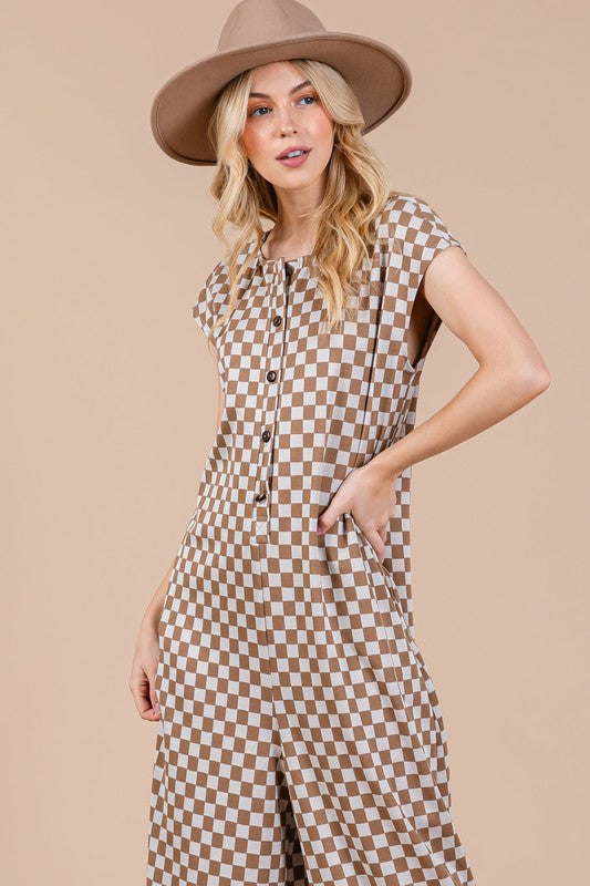 Ces Femme Checkered Half Button Cap Sleeve Jumpsuit - Whispering Desires Shoppe