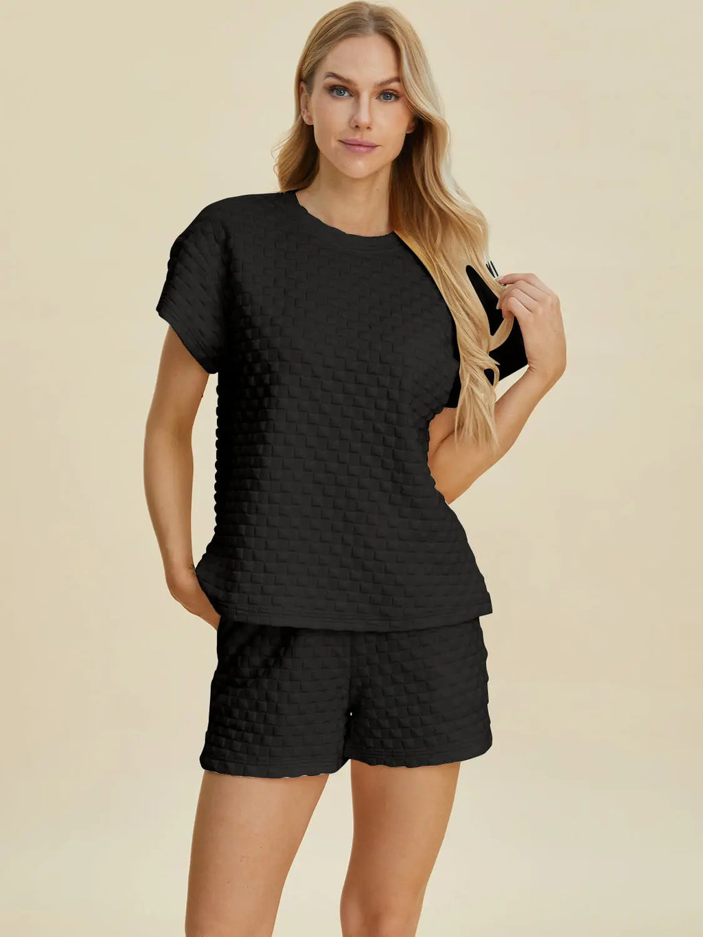 Double Take Textured T-Shirt & Drawstring Shorts Set - Whispering Desires Shoppe