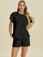 Double Take Textured T-Shirt & Drawstring Shorts Set - Whispering Desires Shoppe