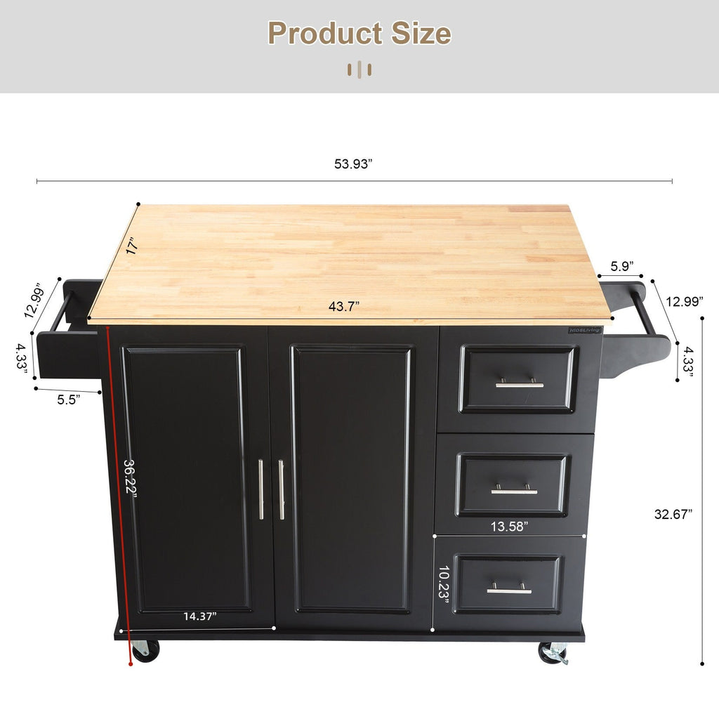 Kitchen Island & Kitchen Cart Mobile Kitehcn Island with Extensible Rubber Wood Table Top eprolo