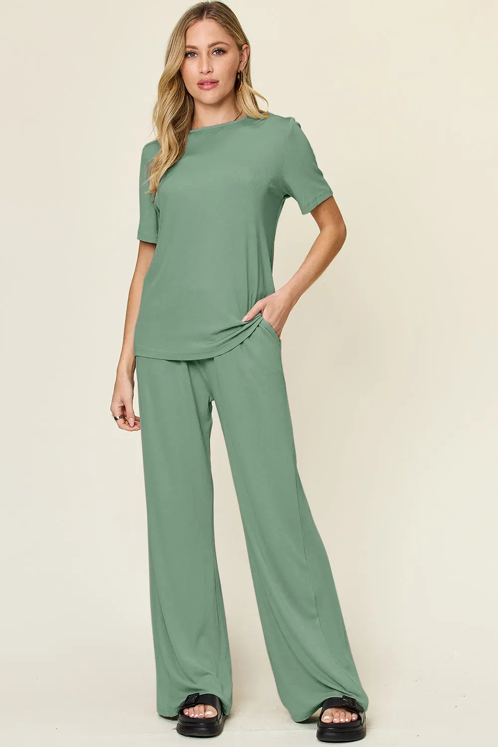 Double Take Short-Sleeve & Wide-Leg Two-Piece Set - Whispering Desires Shoppe