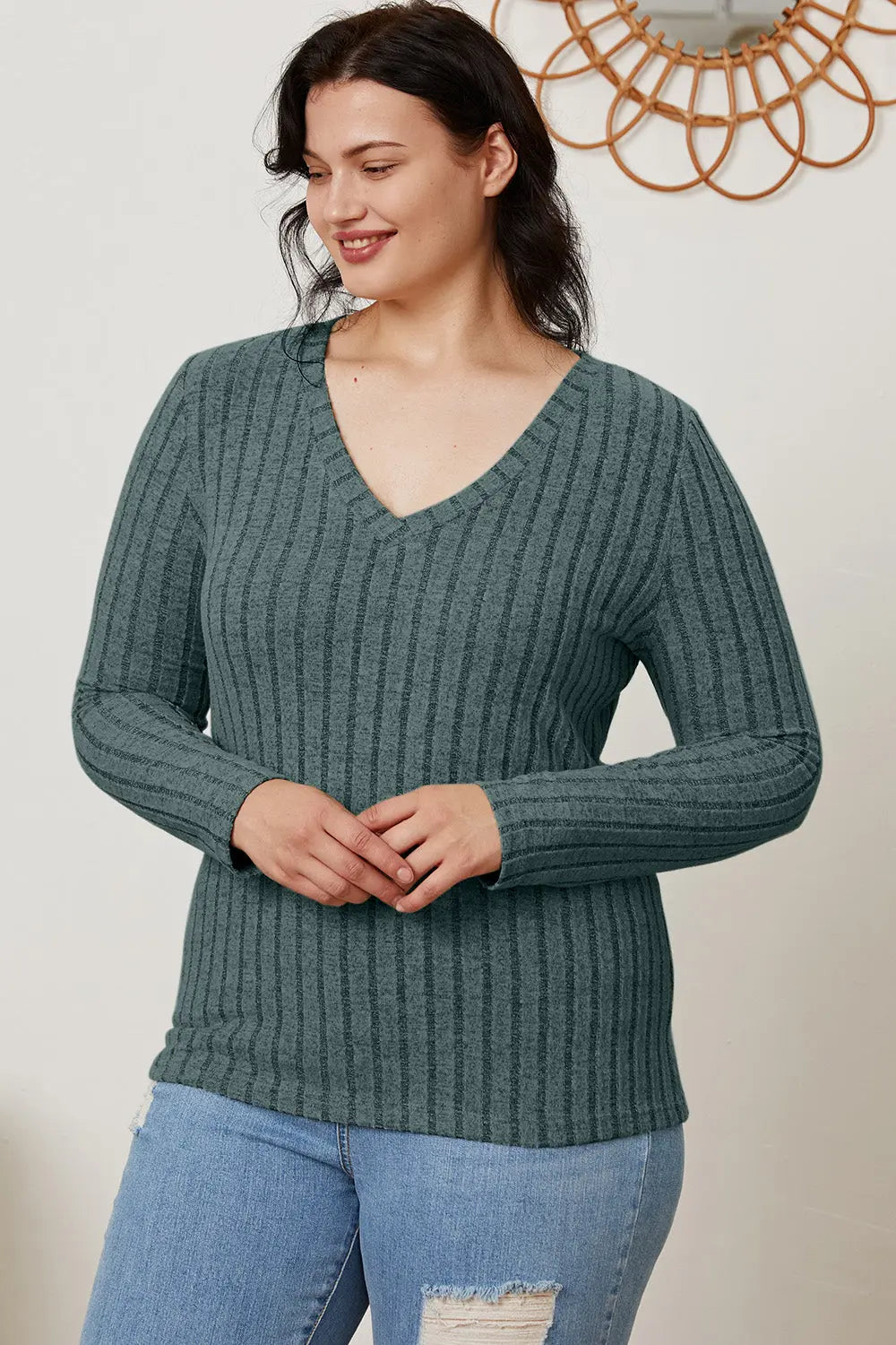 Basic Bae Ribbed V-Neck Long Sleeve Tee - Whispering Desires Shoppe