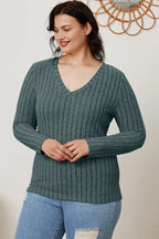 Basic Bae Ribbed V-Neck Long Sleeve Tee - Whispering Desires Shoppe