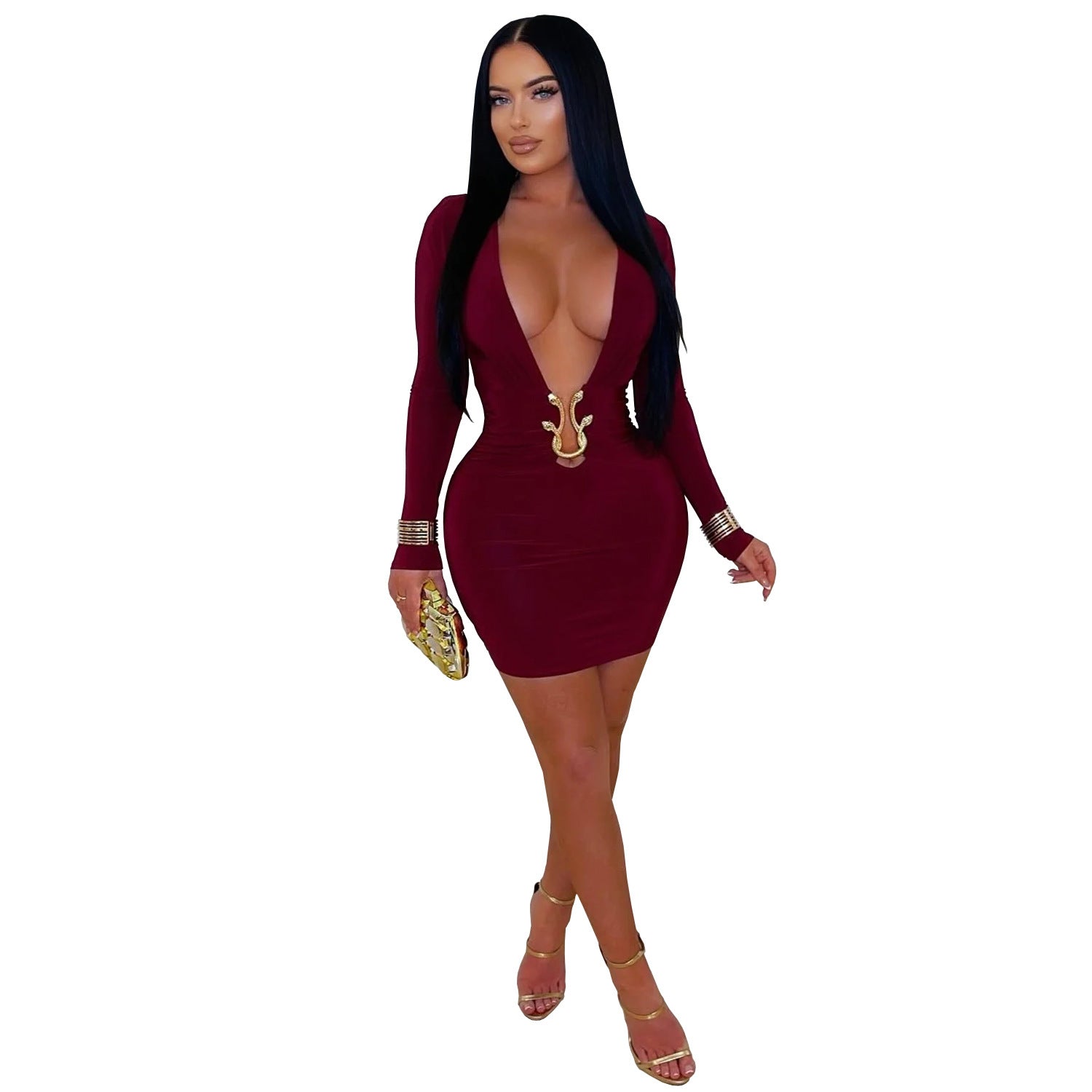 Fashionable Women's Sexy Deep V-Neck Bodycon Dress with Snake Pattern Accessories - Whispering Desires Shoppe