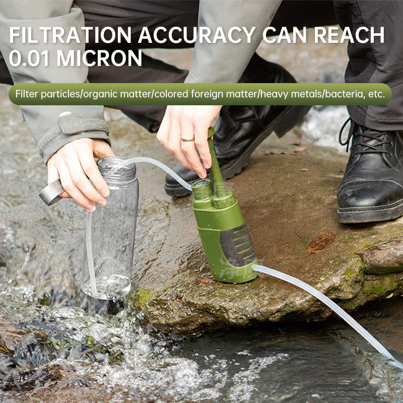 A portable outdoor water filter pump with a 0.01-micron, 3-stage filtration system, suitable for hiking and camping. eprolo