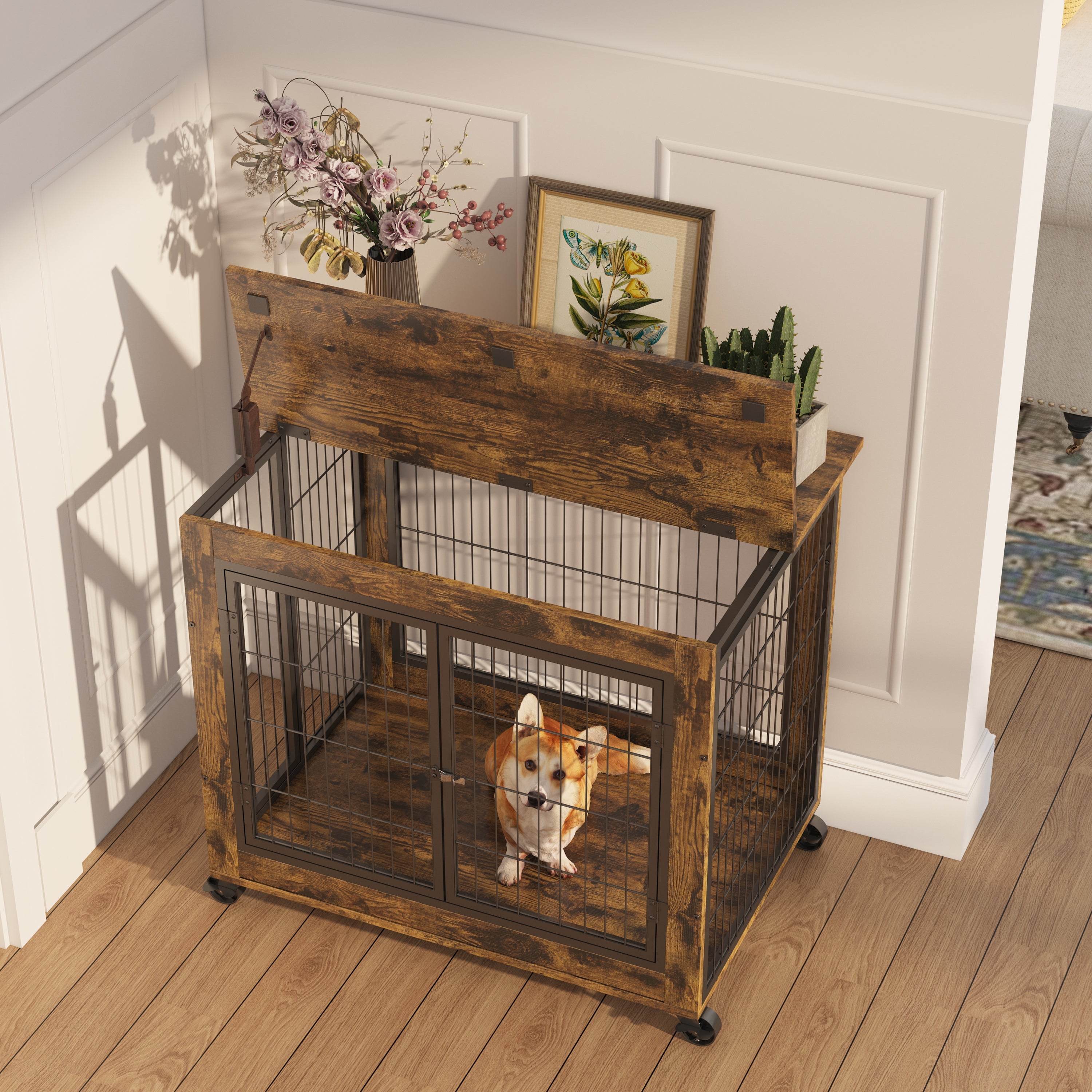 Furniture Style Dog Crate Side Table on Wheels with Double Doors and Lift Top. Rustic Brown, 31.50'' W x 22.05'' D x 25'' H. eprolo