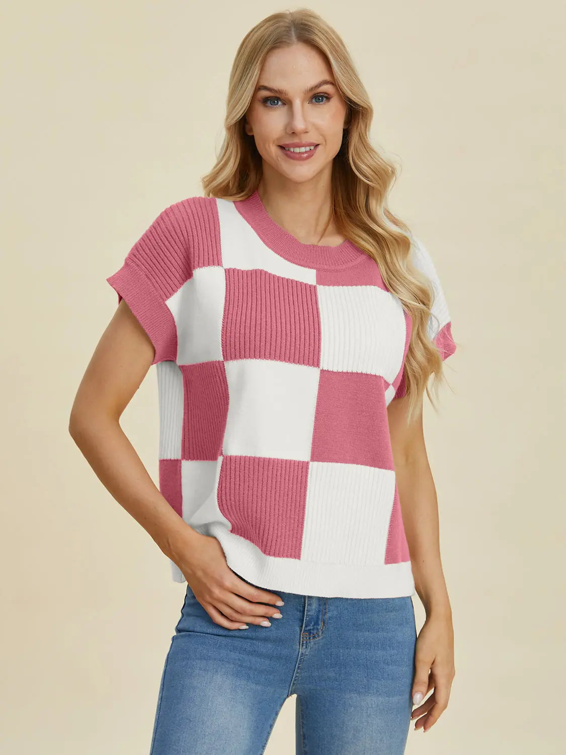 Double Take Checkered Round-Neck Short-Sleeve Sweater - Whispering Desires Shoppe