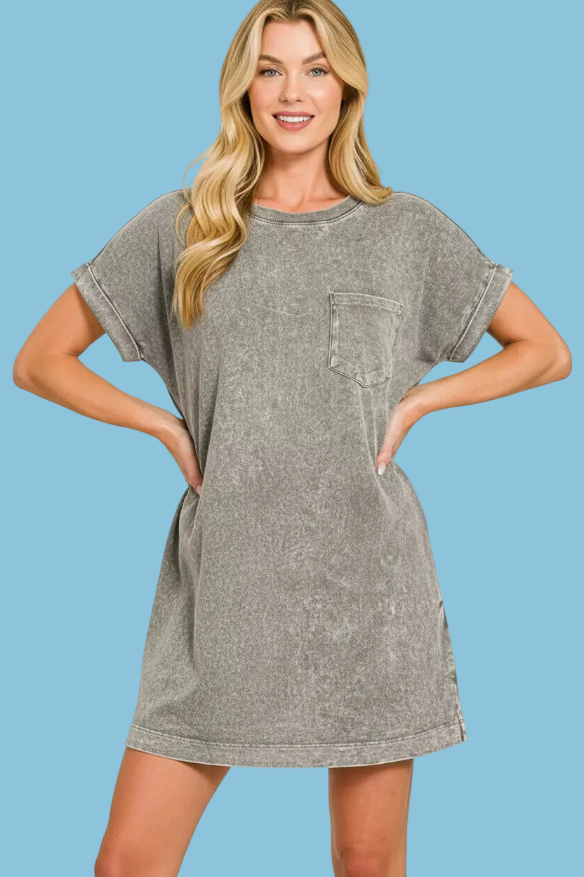 Zenana Halo Washed Premium Cotton T-Shirt Dress with Pockets Trendsi