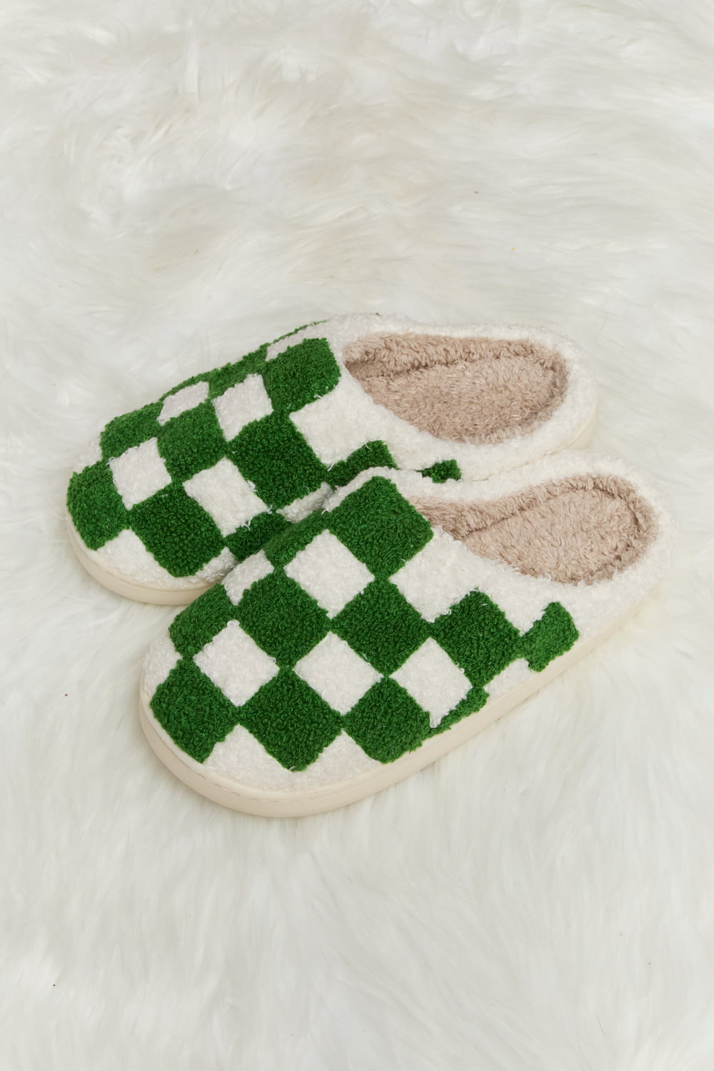 Melody Checkered Print Plush Slide Slippers - Whispering Desires Shoppe