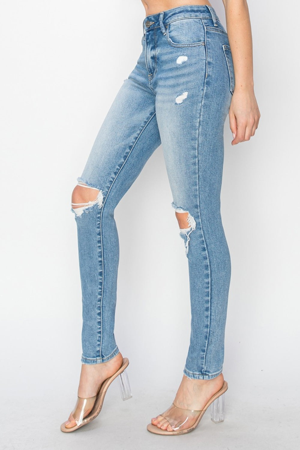 RISEN High-Rise Knee Distressed Skinny Jeans - Whispering Desires Shoppe