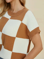 Double Take Checkered Round-Neck Short-Sleeve Sweater - Whispering Desires Shoppe