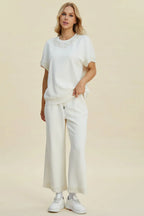 Double Take Full Size Pearl Detail Round Neck Top and Pants Set - Whispering Desires Shoppe
