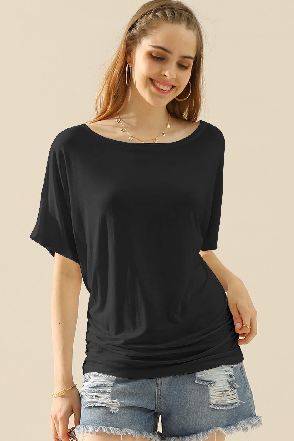 Ninexis Boat Neck Short Sleeve Ruched Side Top - Whispering Desires Shoppe