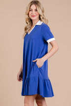 Ces Femme Ruffled Hem Johnny Collar Short Sleeve Dress - Whispering Desires Shoppe