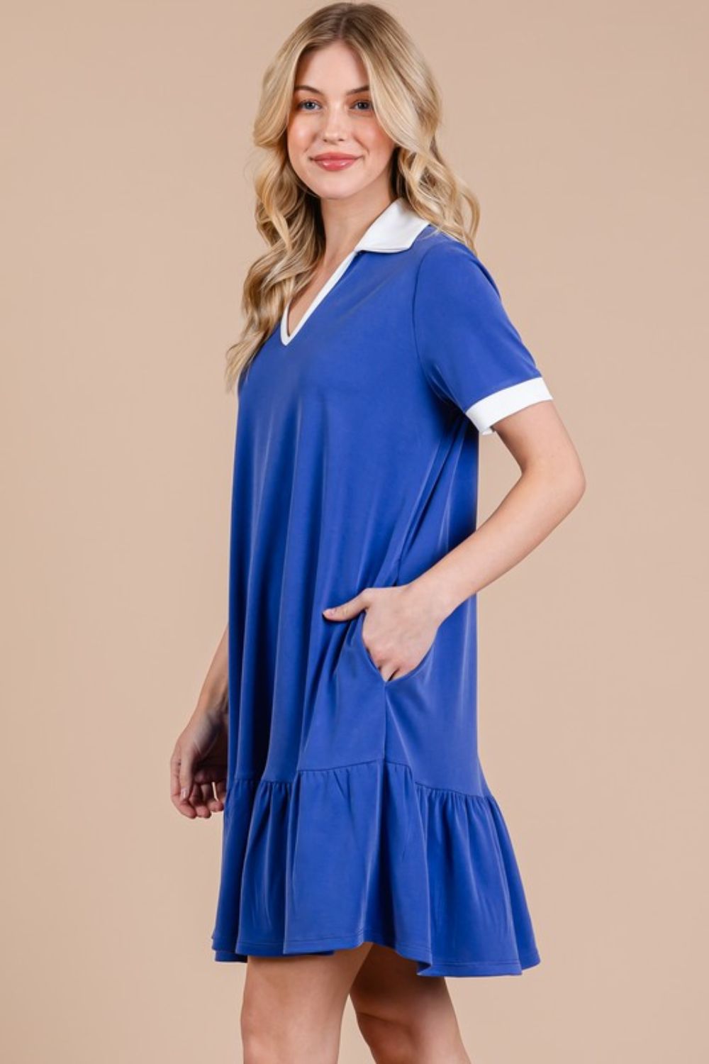 Ces Femme Ruffled Hem Johnny Collar Short Sleeve Dress - Whispering Desires Shoppe