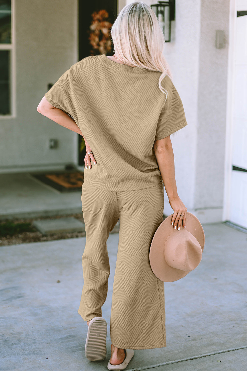 Double Take Full Size Texture Short Sleeve Top and Pants Set - Whispering Desires Shoppe