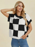 Double Take Checkered Round-Neck Short-Sleeve Sweater - Whispering Desires Shoppe